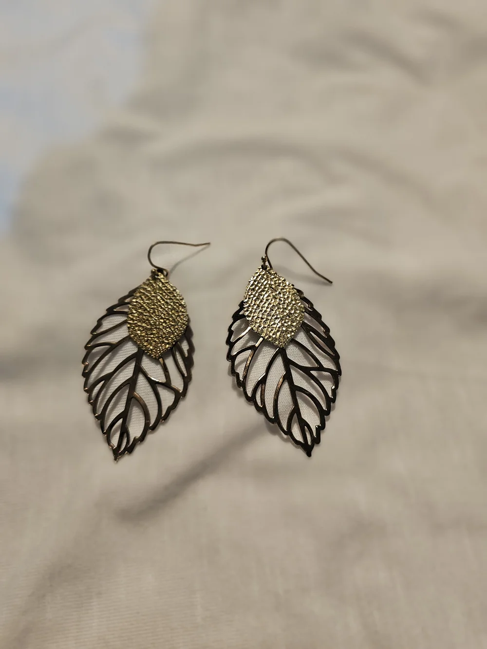 Gold and Black Filigree Leaf Drop Earrings - Women's Jewelry